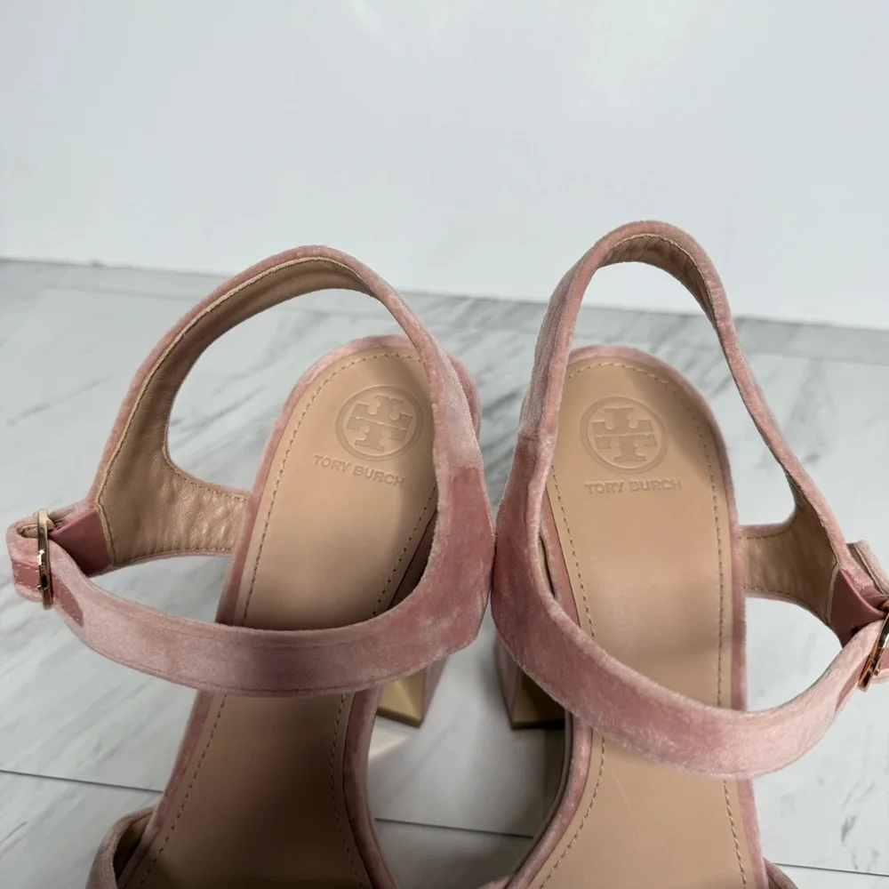 Tory Burch Loretta Pink Velvet Platform Heeled Sandal 10 1/2 M